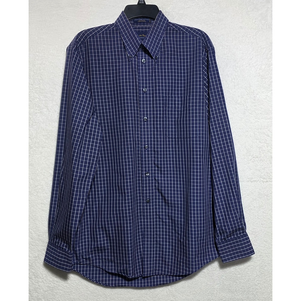 Club Room Men's Navy White Grid Iron Free Cotton Button Down Shirt 15.5 34/35